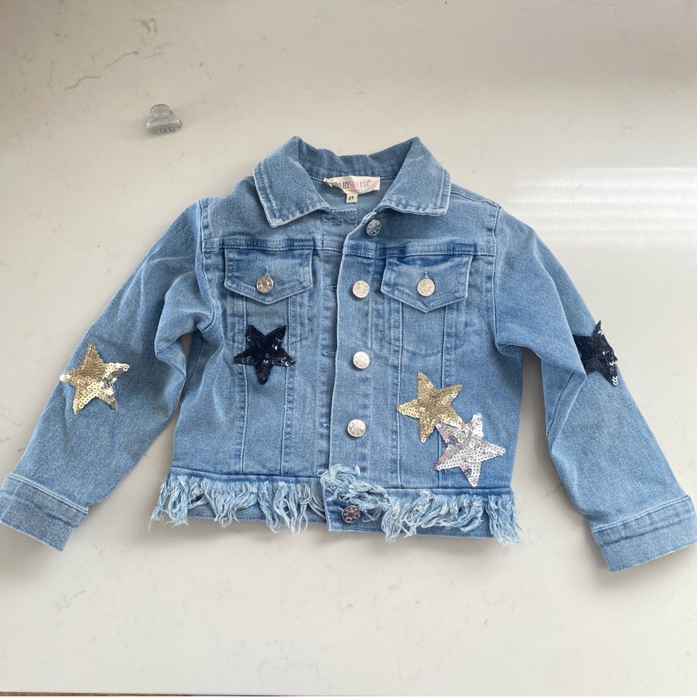 Baby Sara Toddler Jean Jacket Sequins Black, Gold & Silver Stars Size 2T - Picture 2 of 11